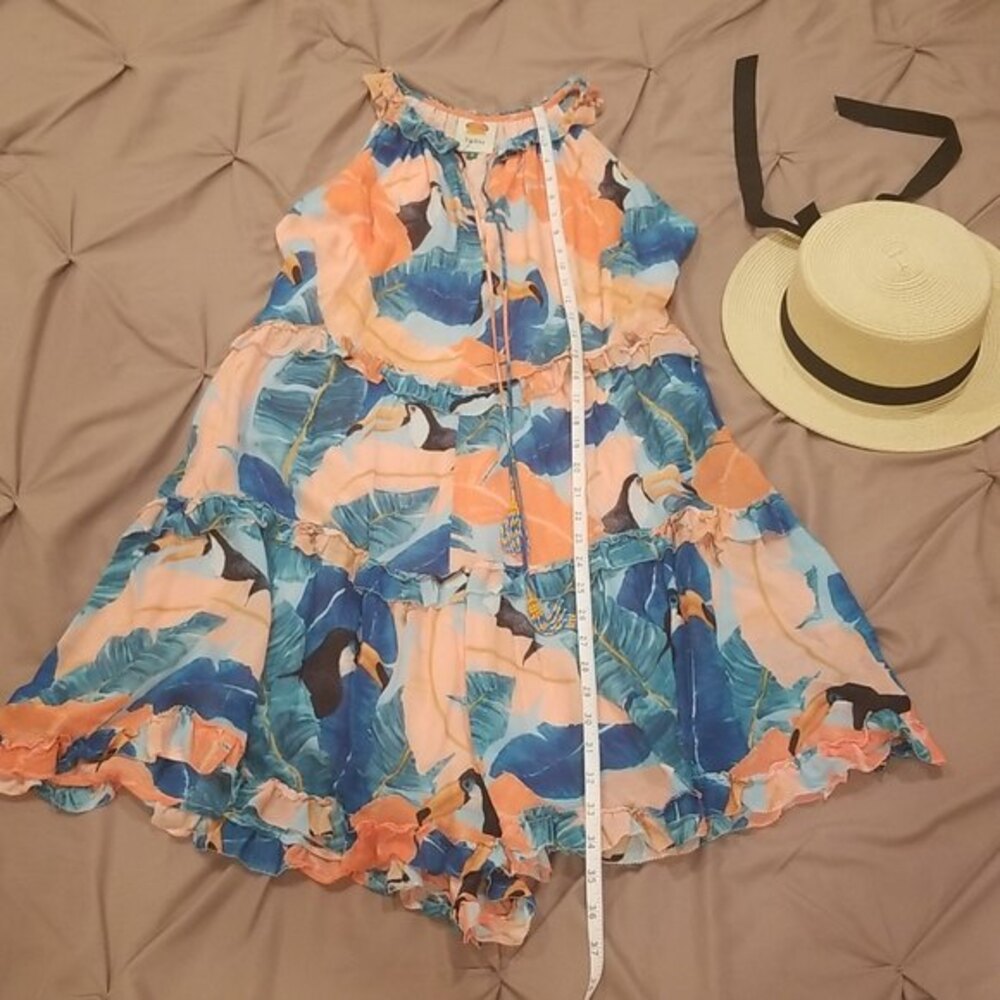 FARM Rio Brazil Orange Peach Blue Beaded Tassel Toucan Mini Dress Tropical, M - Picture 7 of 14